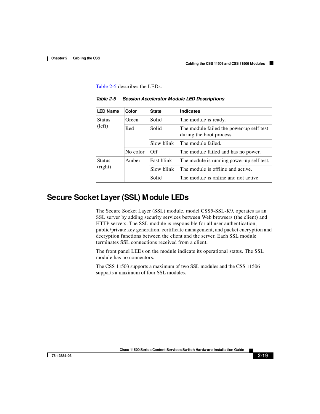 Cisco Systems 11500 Series manual Secure Socket Layer SSL Module LEDs, 5describes the LEDs 