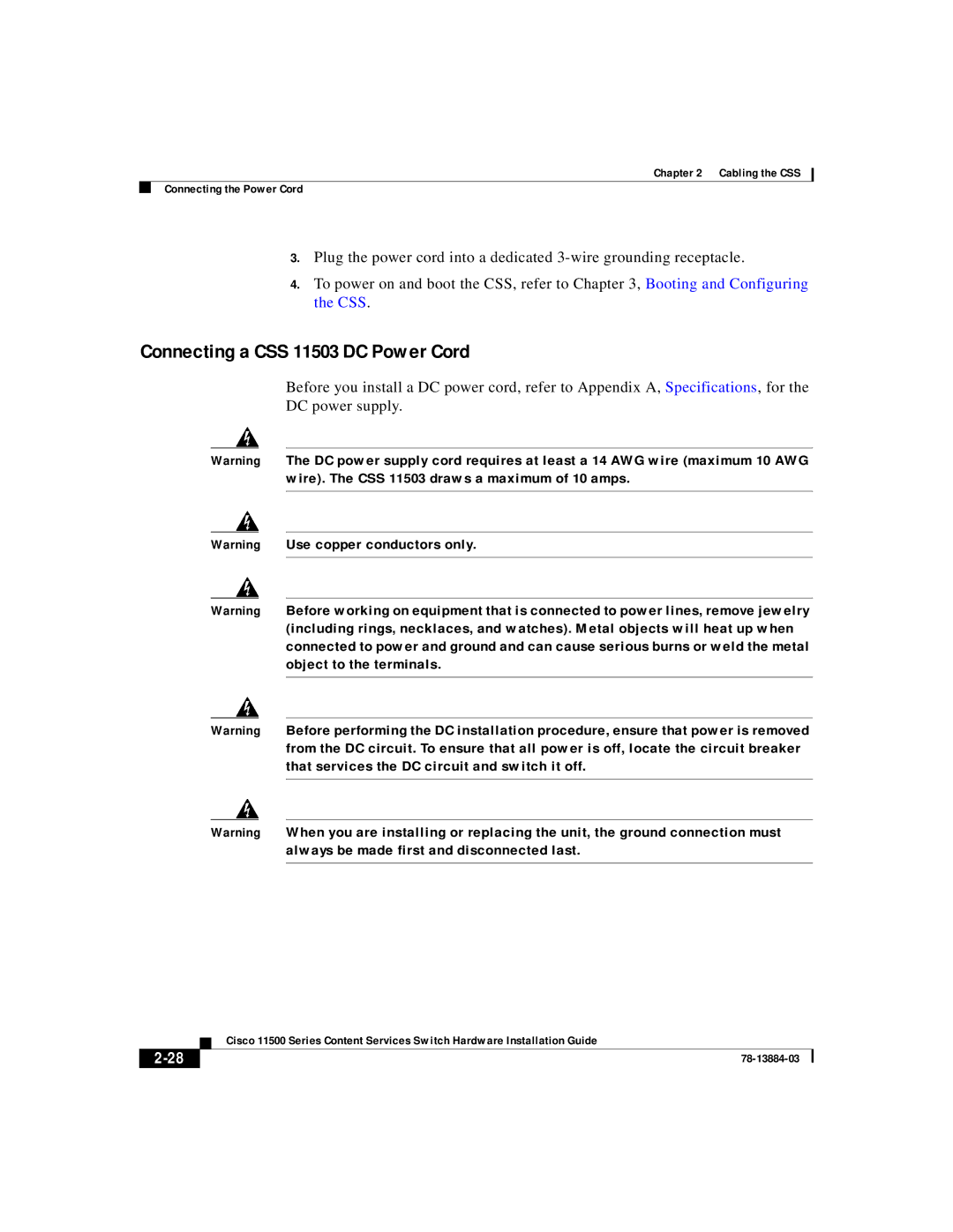 Cisco Systems 11500 Series manual Connecting a CSS 11503 DC Power Cord 