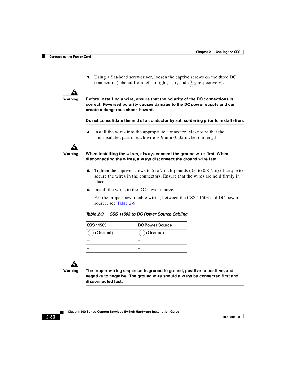 Cisco Systems 11500 Series manual CSS DC Power Source, Ground 