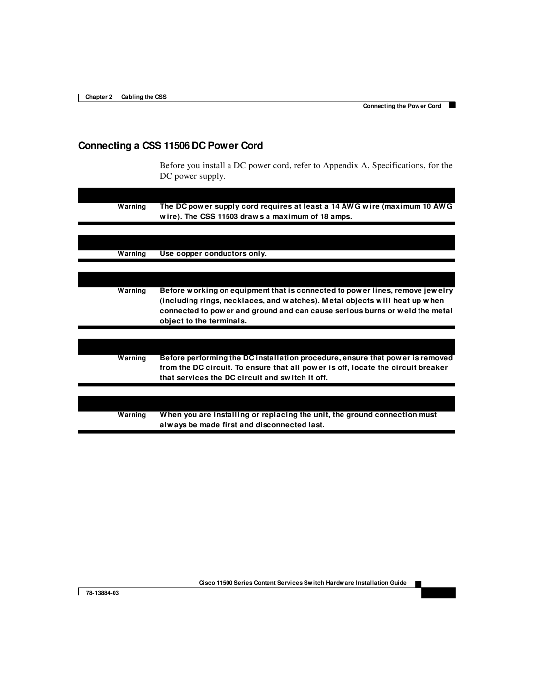 Cisco Systems 11500 Series manual Connecting a CSS 11506 DC Power Cord 