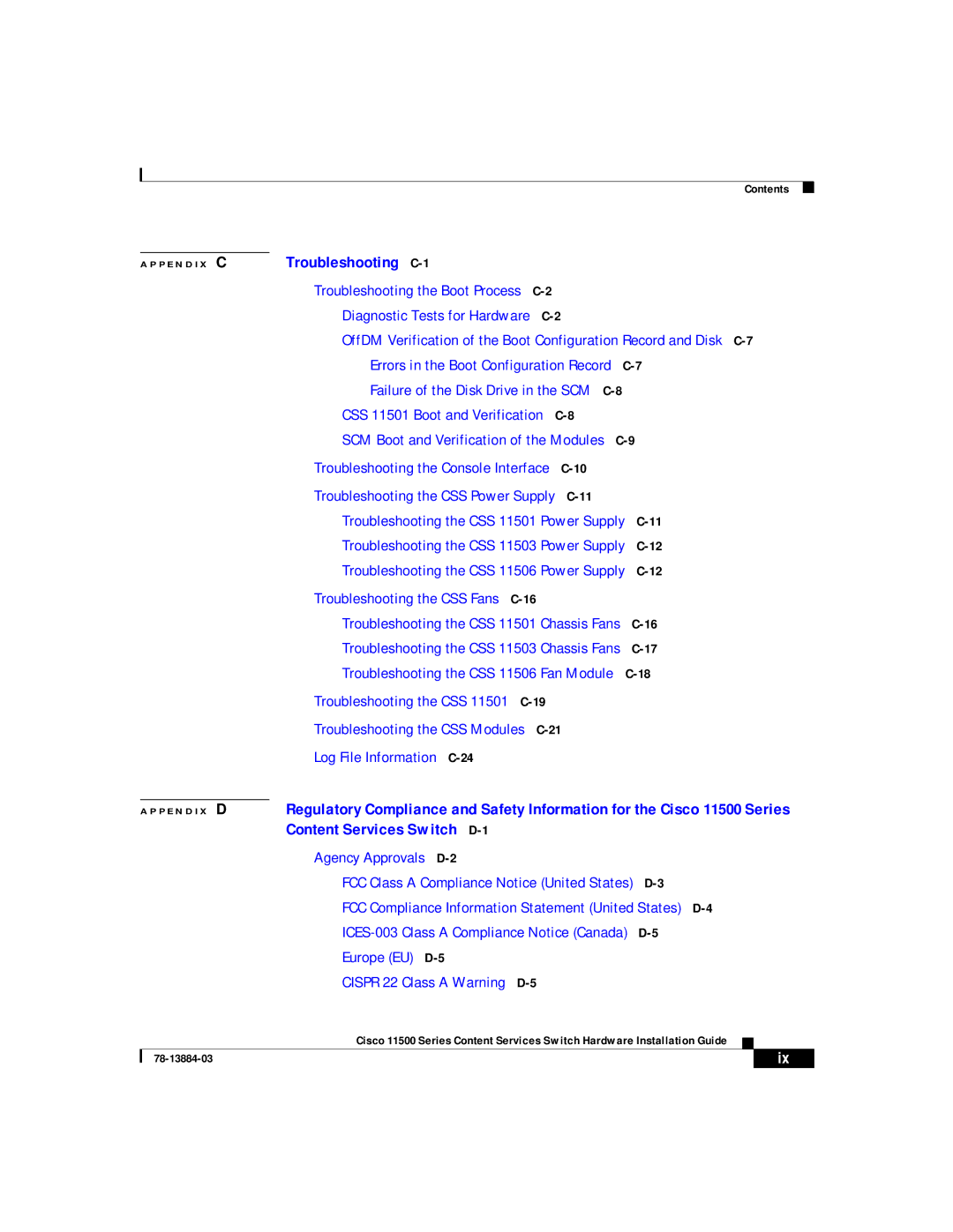 Cisco Systems 11500 Series manual Troubleshooting C-1 