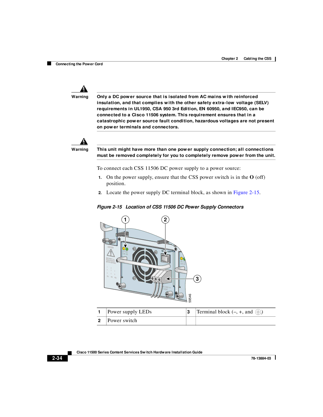 Cisco Systems 11500 Series manual Power supply LEDs Power switch Terminal block -, +, Ok Ok 