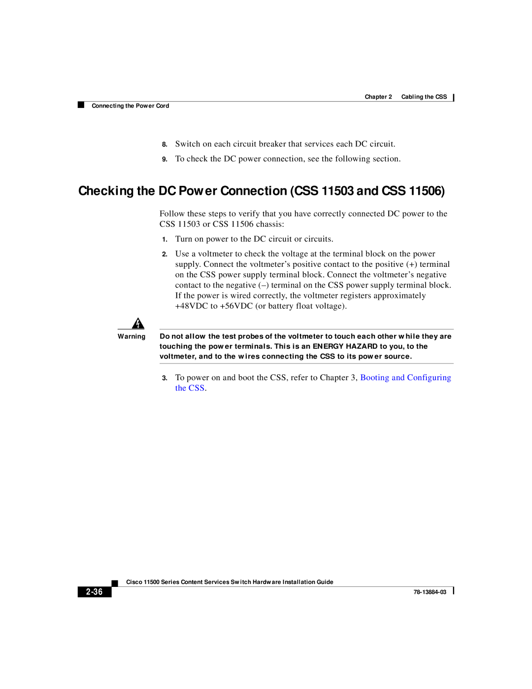 Cisco Systems 11500 Series manual Checking the DC Power Connection CSS 11503 and CSS 