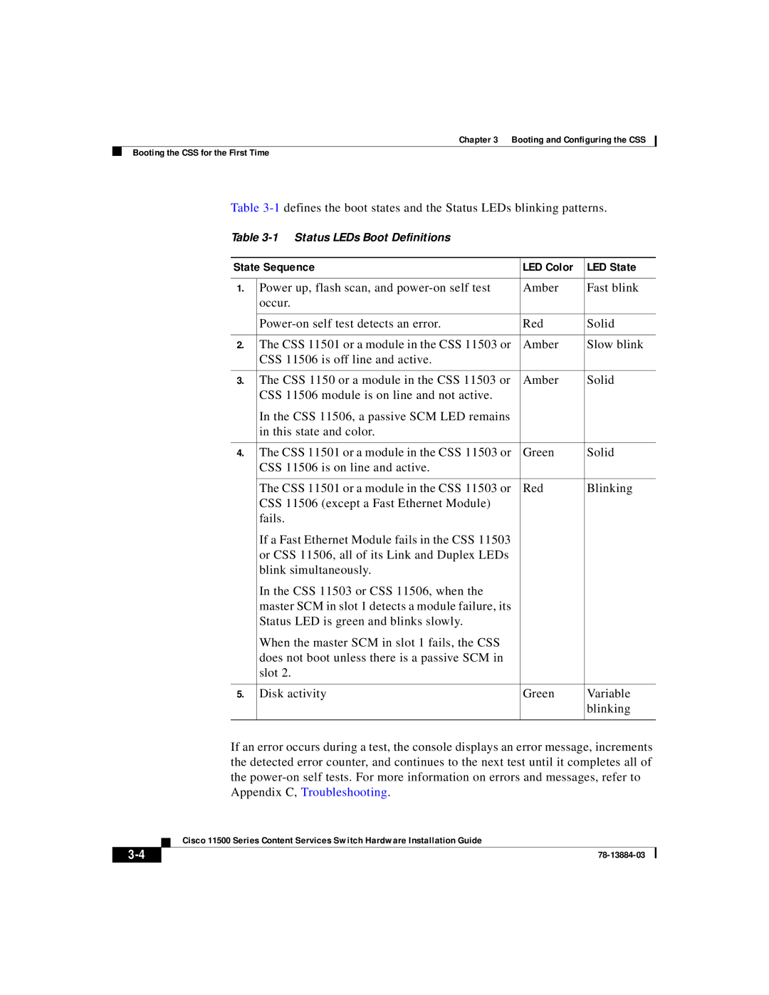 Cisco Systems 11500 Series manual State Sequence LED Color LED State 