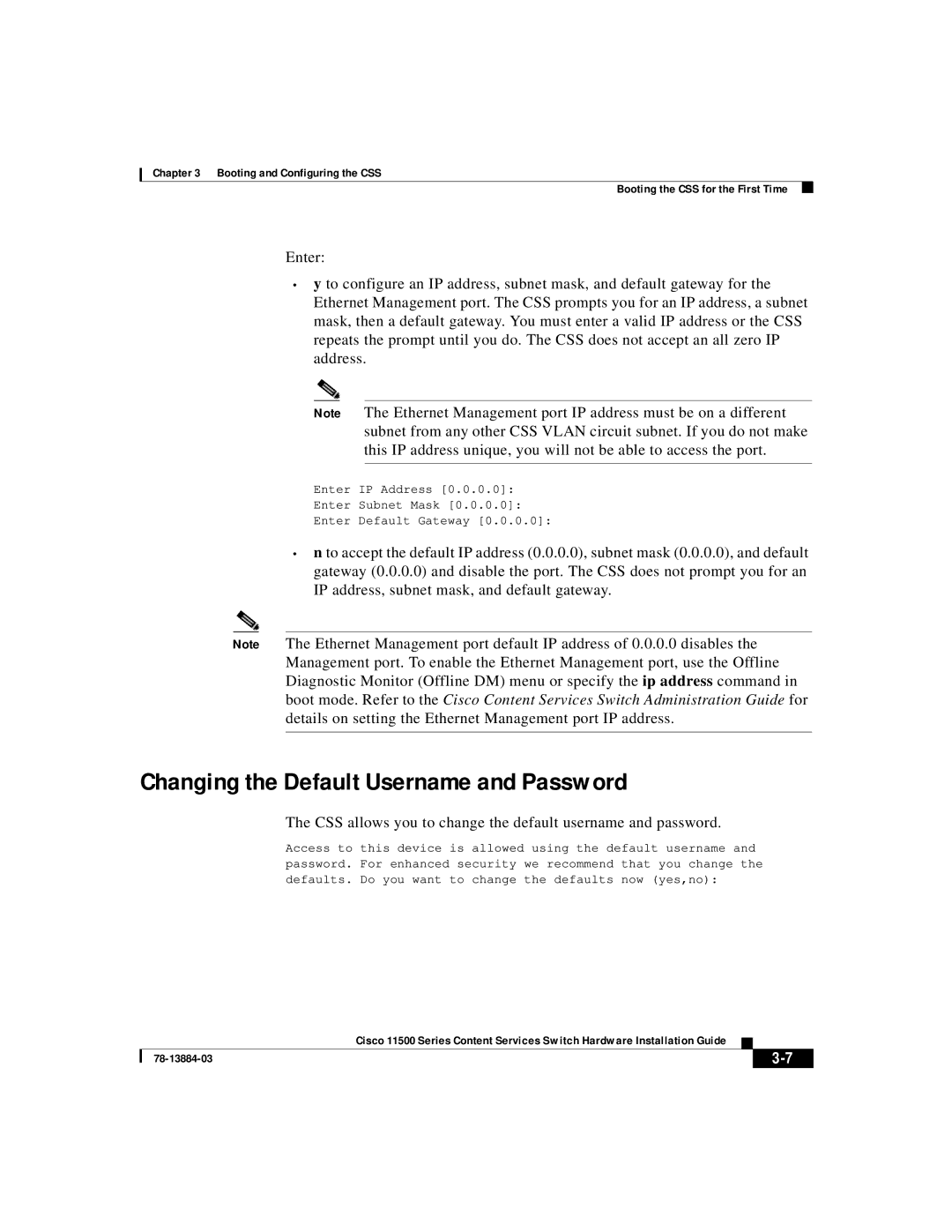 Cisco Systems 11500 Series manual Changing the Default Username and Password 