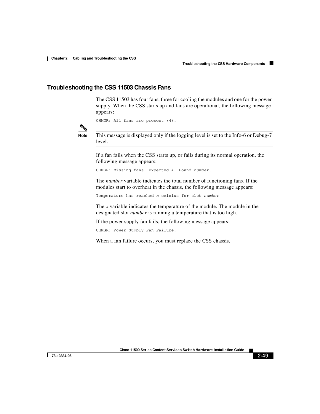 Cisco Systems 11500 Series manual Troubleshooting the CSS 11503 Chassis Fans 