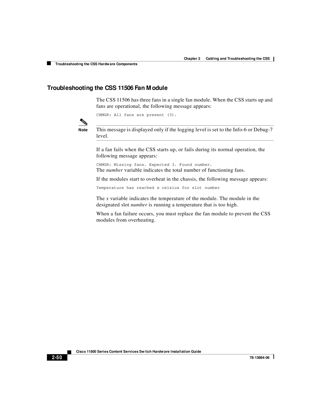 Cisco Systems 11500 Series manual Troubleshooting the CSS 11506 Fan Module 