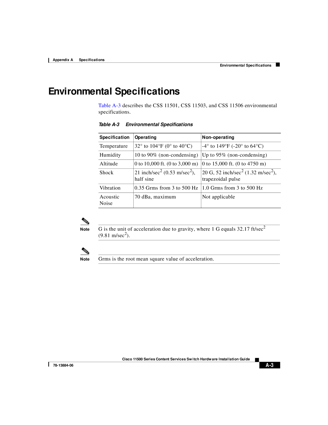 Cisco Systems 11500 Series manual Environmental Specifications, Specification Operating Non-operating 