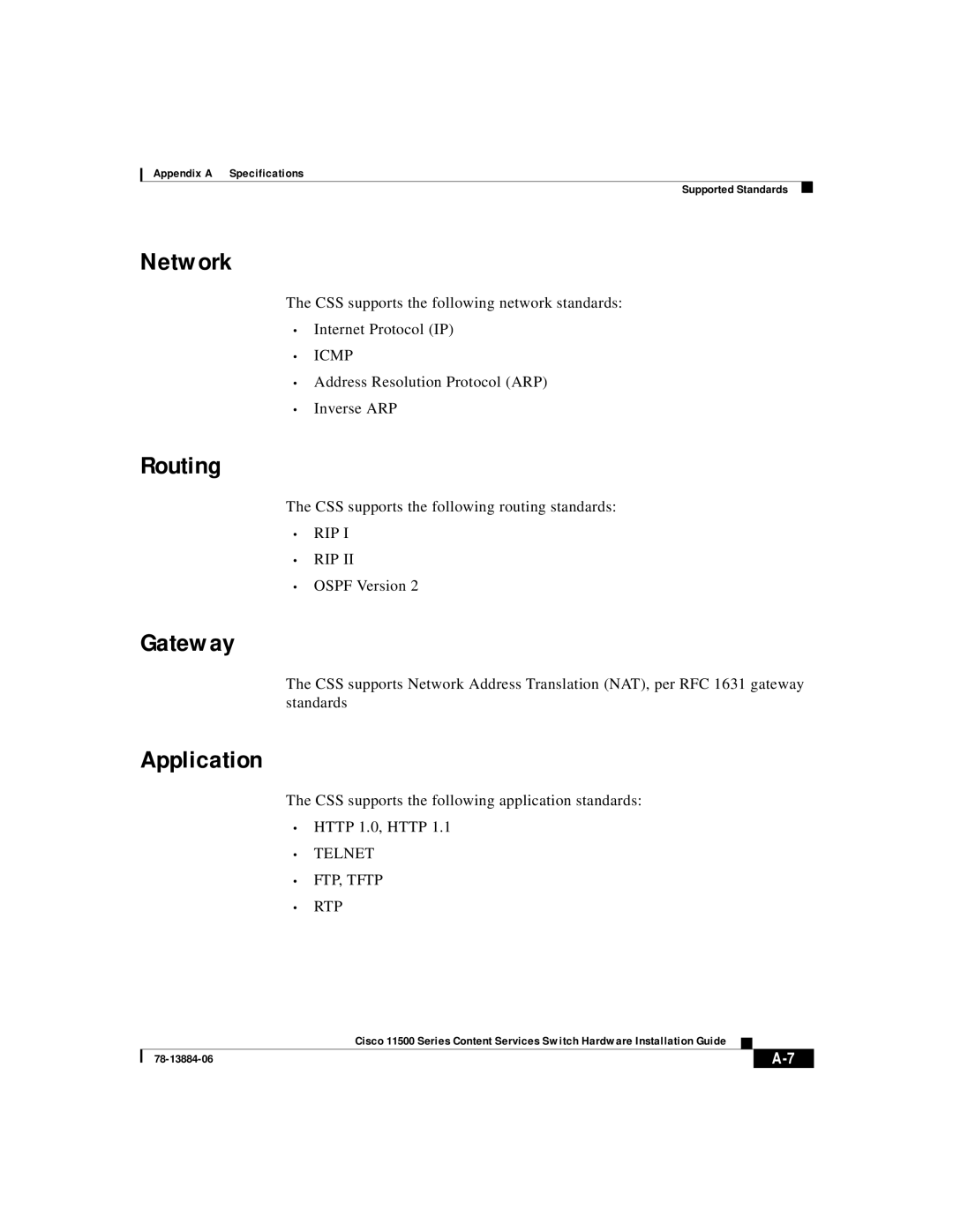 Cisco Systems 11500 Series manual Network, Routing, Gateway, Application 