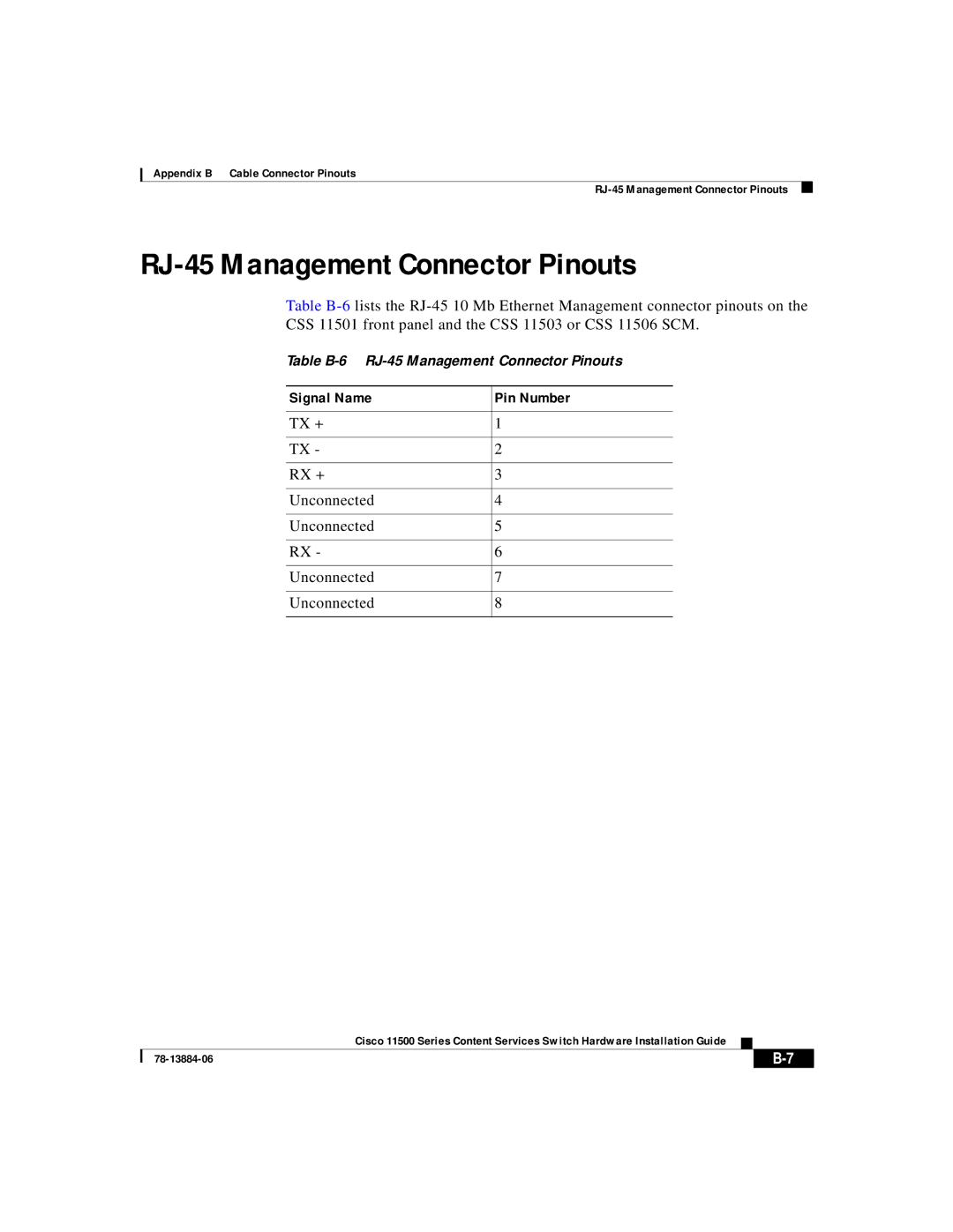 Cisco Systems 11500 Series manual RJ-45 Management Connector Pinouts, TX + RX + Unconnected 