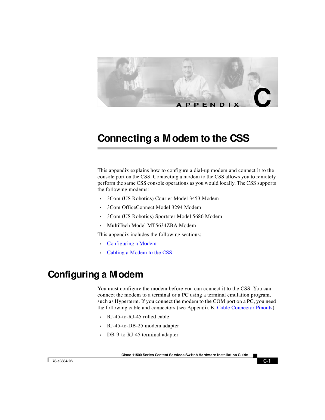 Cisco Systems 11500 Series manual Connecting a Modem to the CSS, Configuring a Modem 