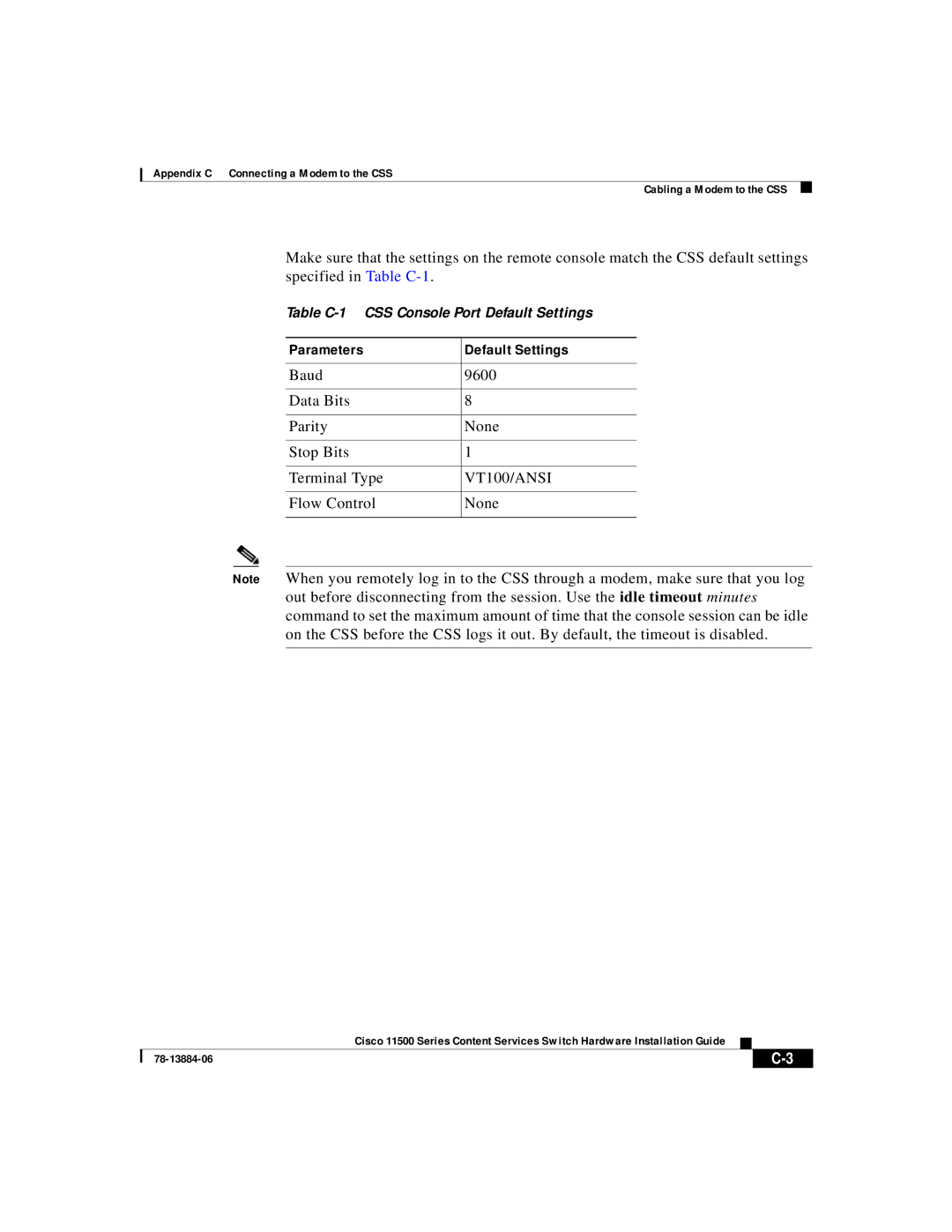 Cisco Systems 11500 Series manual Table C-1 CSS Console Port Default Settings 