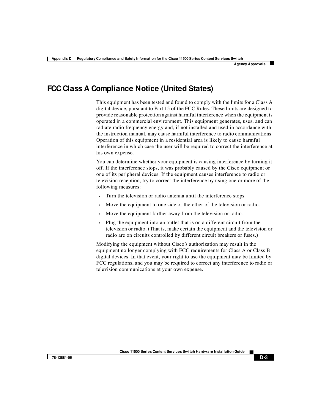 Cisco Systems 11500 Series manual FCC Class a Compliance Notice United States 