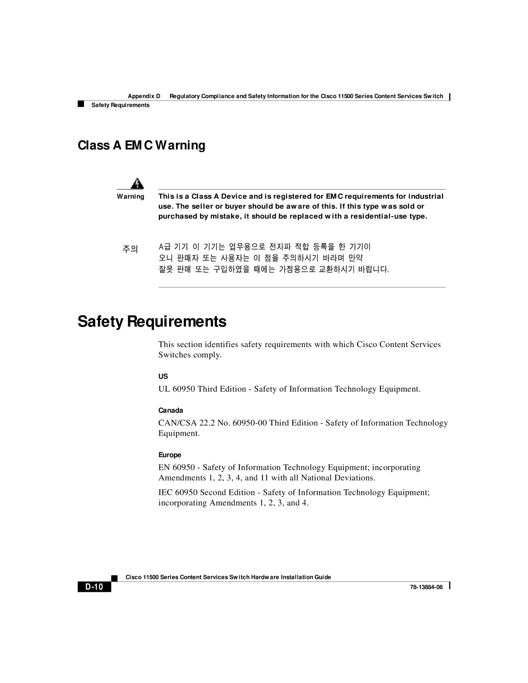 Cisco Systems 11500 Series manual Safety Requirements, Class a EMC Warning, Canada, Europe 