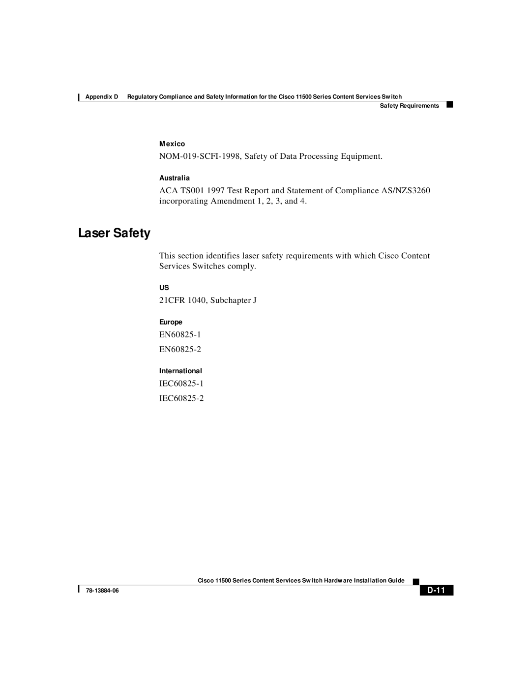 Cisco Systems 11500 Series manual Laser Safety, Mexico, Australia, International 