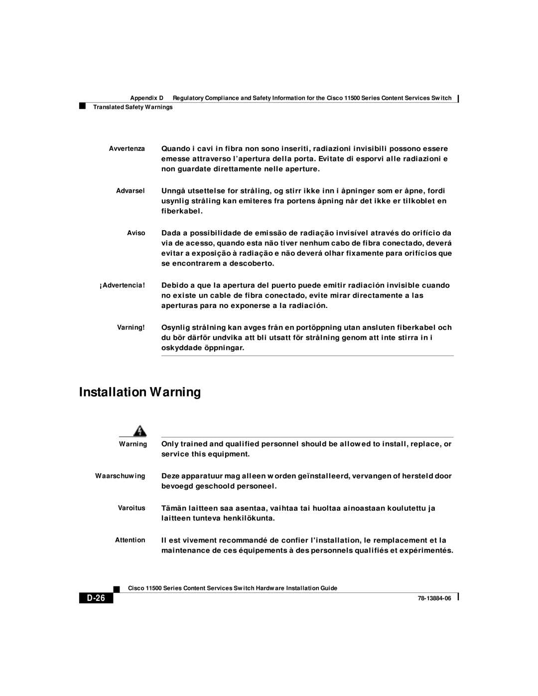 Cisco Systems 11500 Series manual Installation Warning 