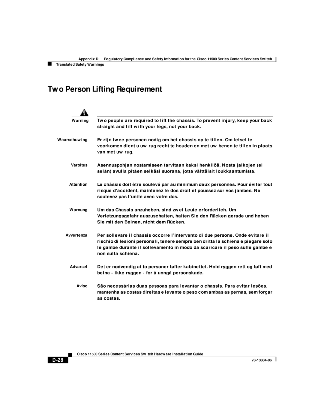 Cisco Systems 11500 Series manual Two Person Lifting Requirement 