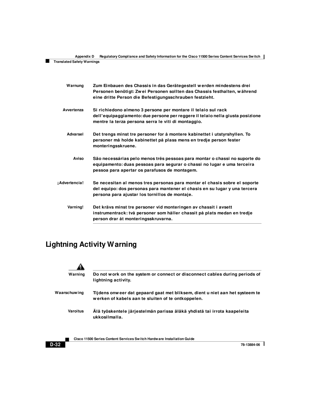 Cisco Systems 11500 Series manual Lightning Activity Warning 