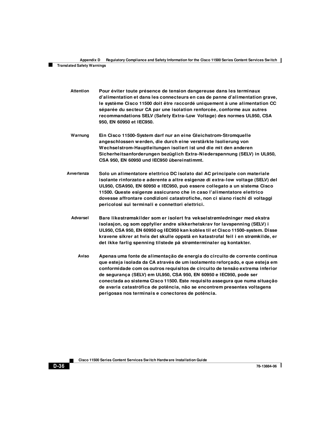 Cisco Systems 11500 Series manual Translated Safety Warnings 