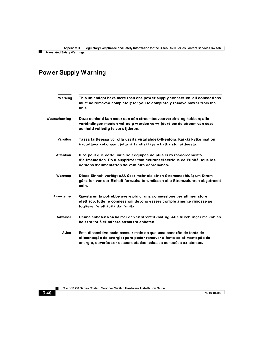 Cisco Systems 11500 Series manual Power Supply Warning 