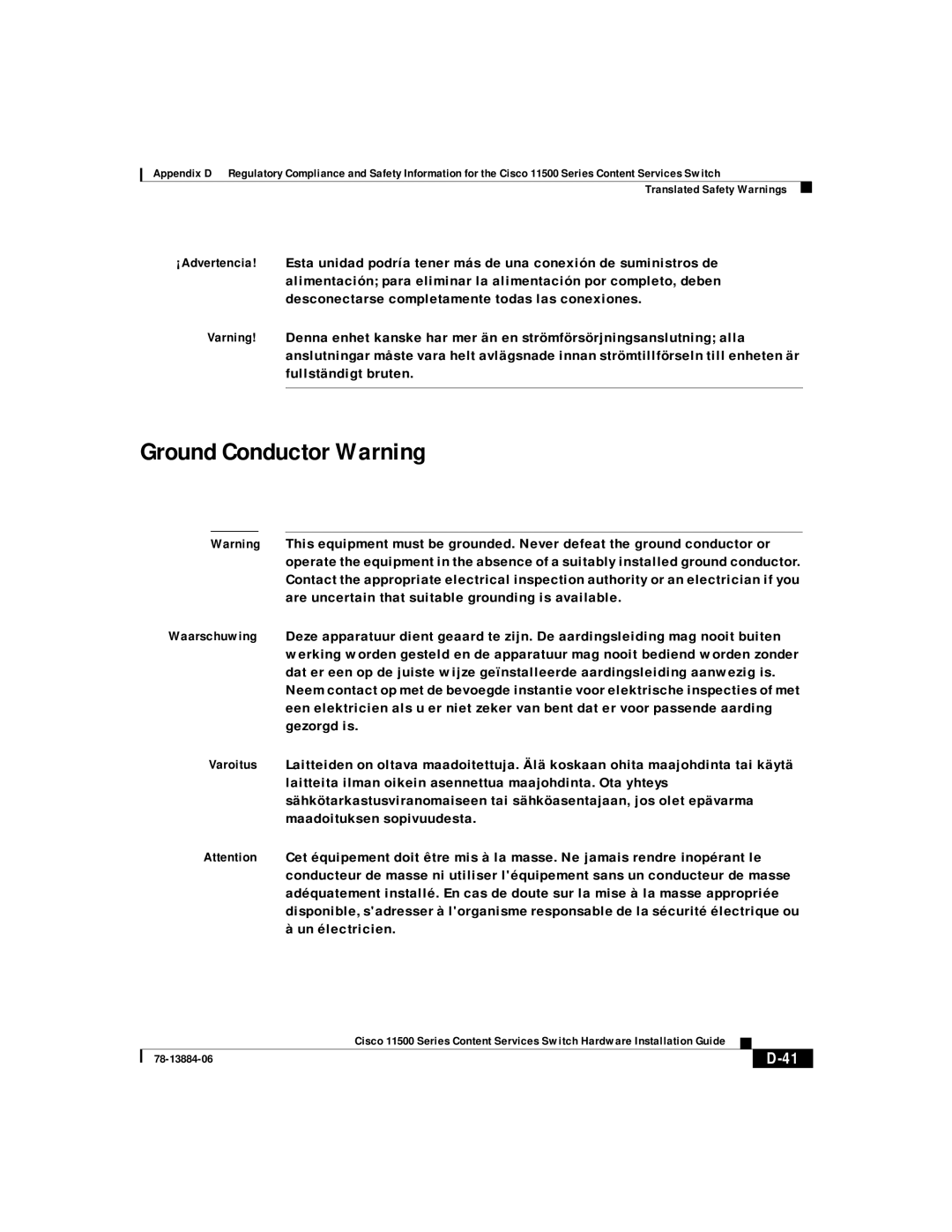 Cisco Systems 11500 Series manual Ground Conductor Warning 