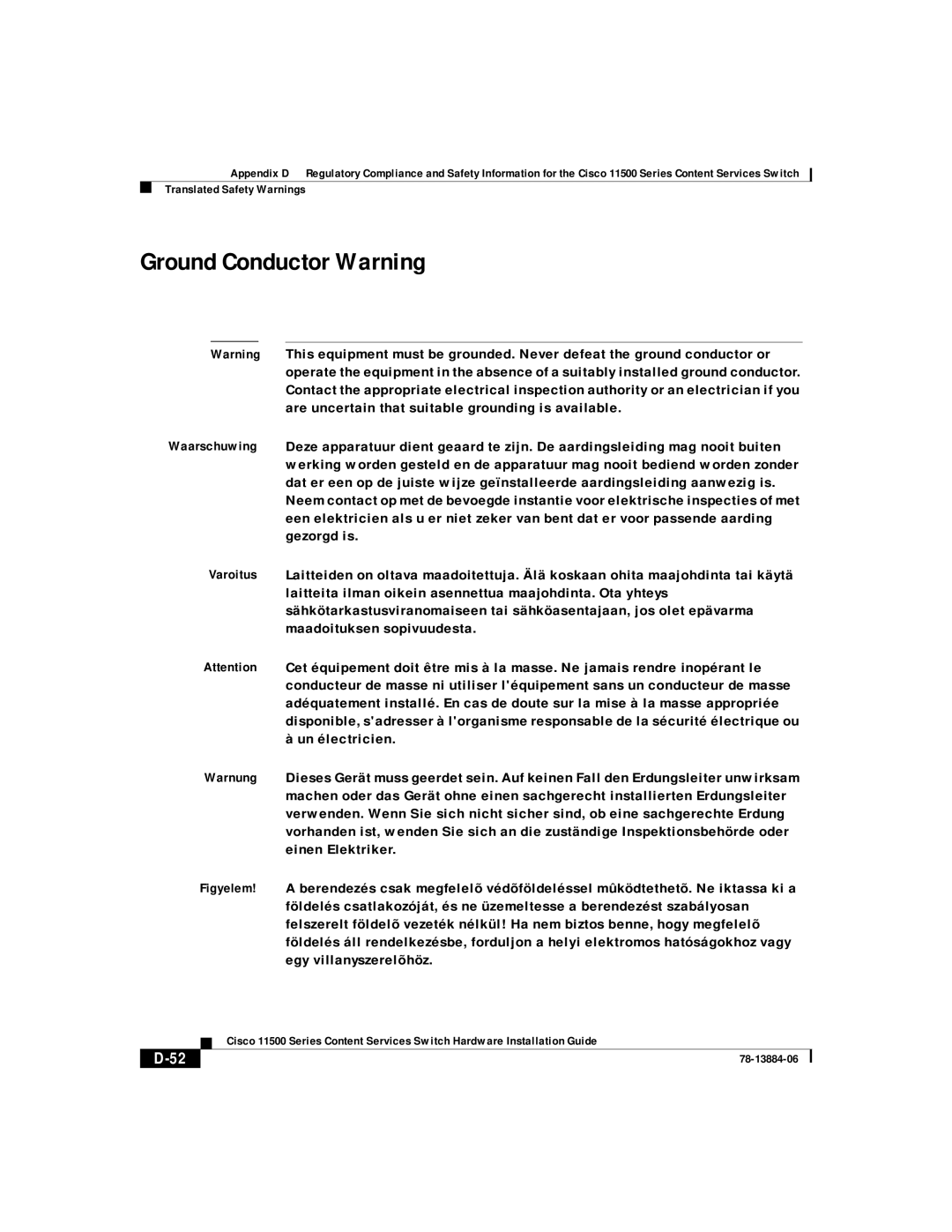 Cisco Systems 11500 Series manual Ground Conductor Warning 