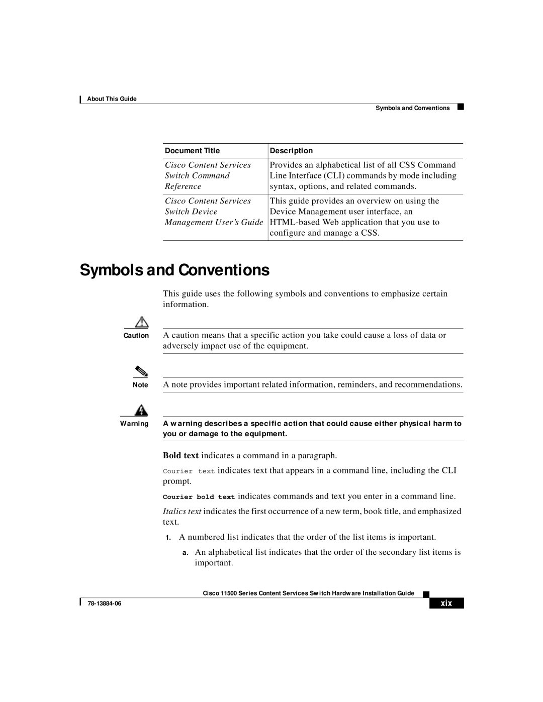 Cisco Systems 11500 Series manual Symbols and Conventions, Xix 