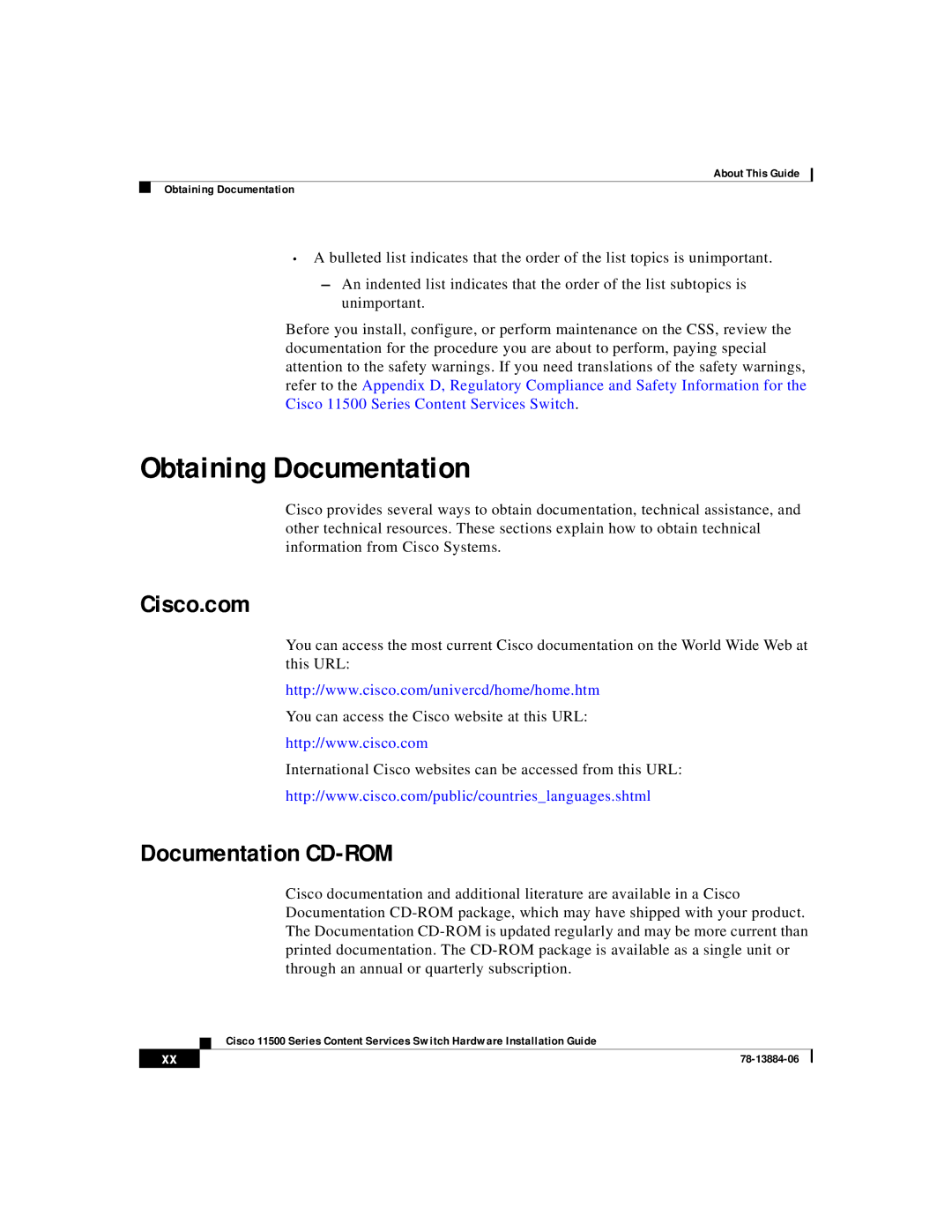 Cisco Systems 11500 Series manual Obtaining Documentation, Cisco.com, Documentation CD-ROM 