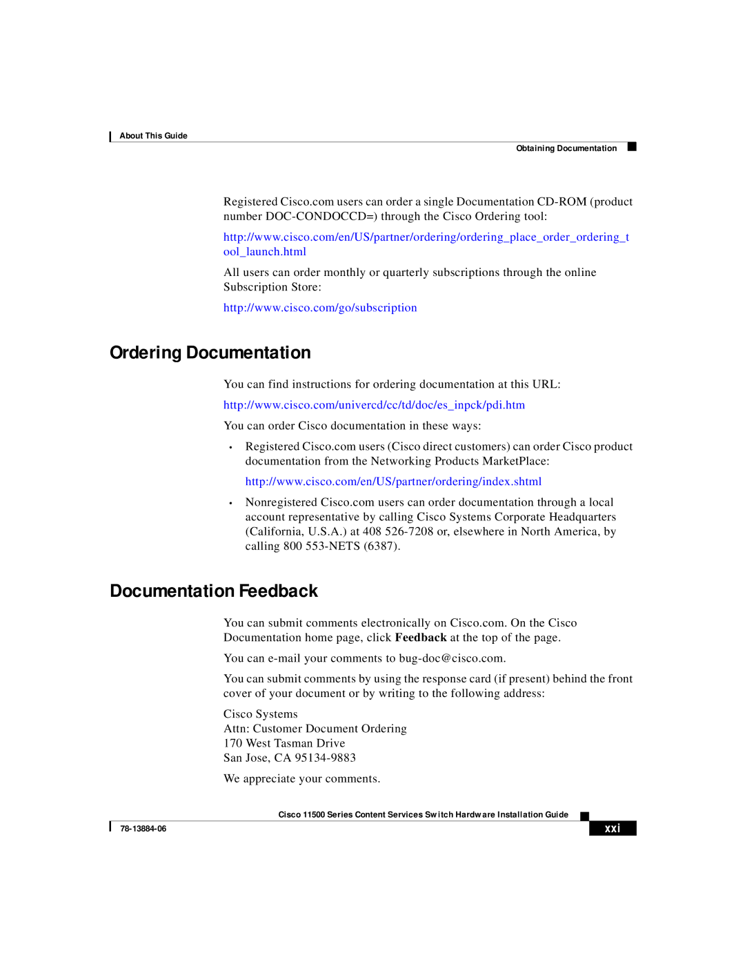 Cisco Systems 11500 Series manual Ordering Documentation, Documentation Feedback 