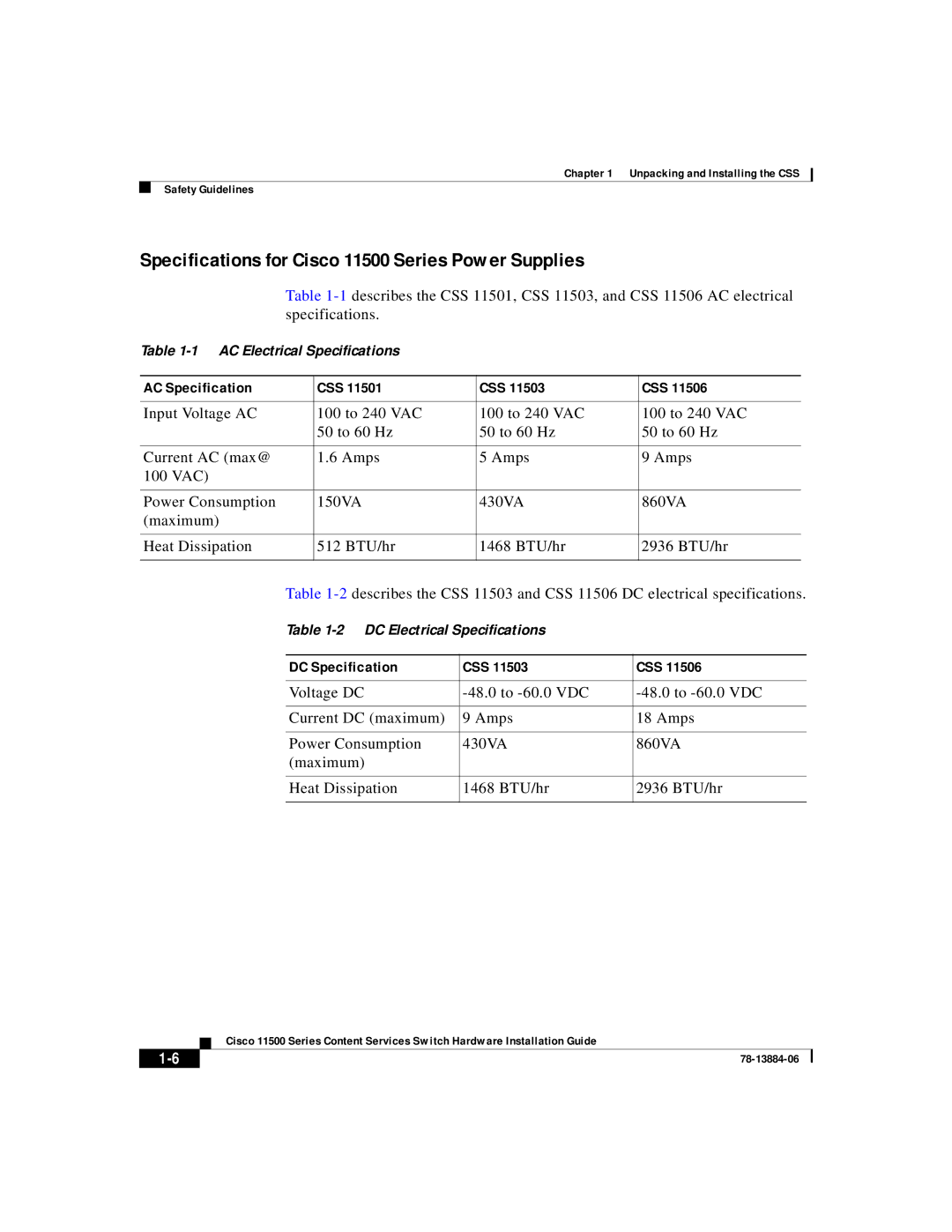 Cisco Systems manual Specifications for Cisco 11500 Series Power Supplies, AC Specification CSS, DC Specification CSS 