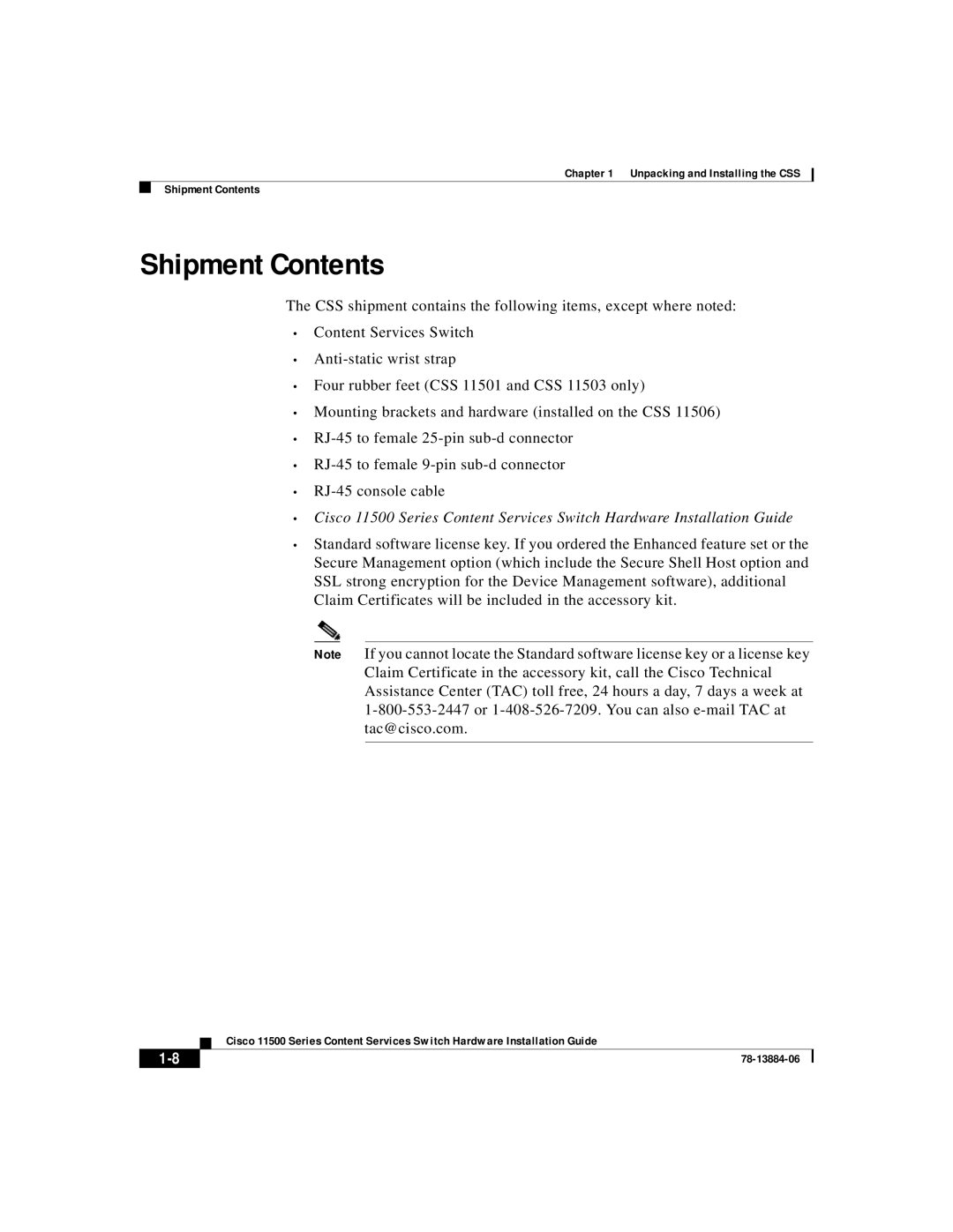 Cisco Systems 11500 Series manual Shipment Contents 