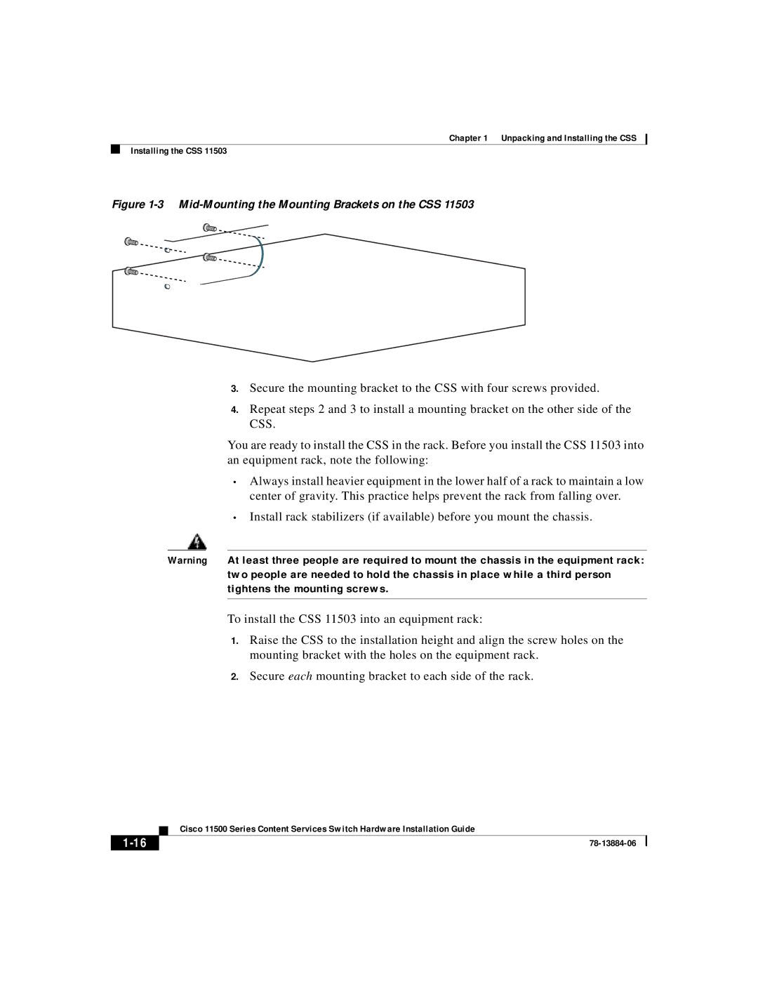 Cisco Systems 11500 Series manual Mid-Mounting the Mounting Brackets on the CSS 