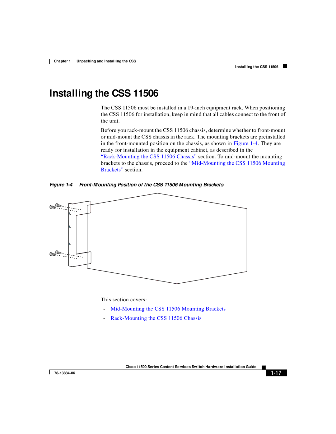 Cisco Systems 11500 Series manual Front-Mounting Position of the CSS 11506 Mounting Brackets 