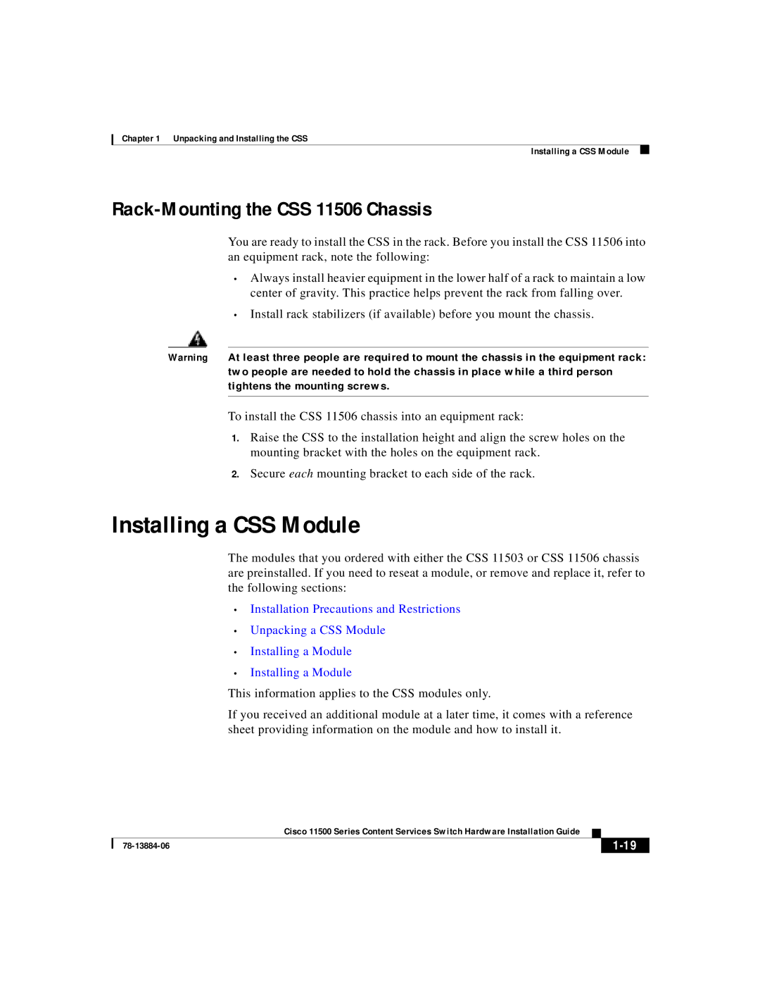 Cisco Systems 11500 Series manual Installing a CSS Module, Rack-Mounting the CSS 11506 Chassis 