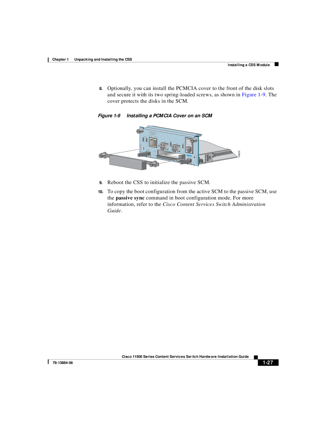 Cisco Systems 11500 Series manual Installing a Pcmcia Cover on an SCM 