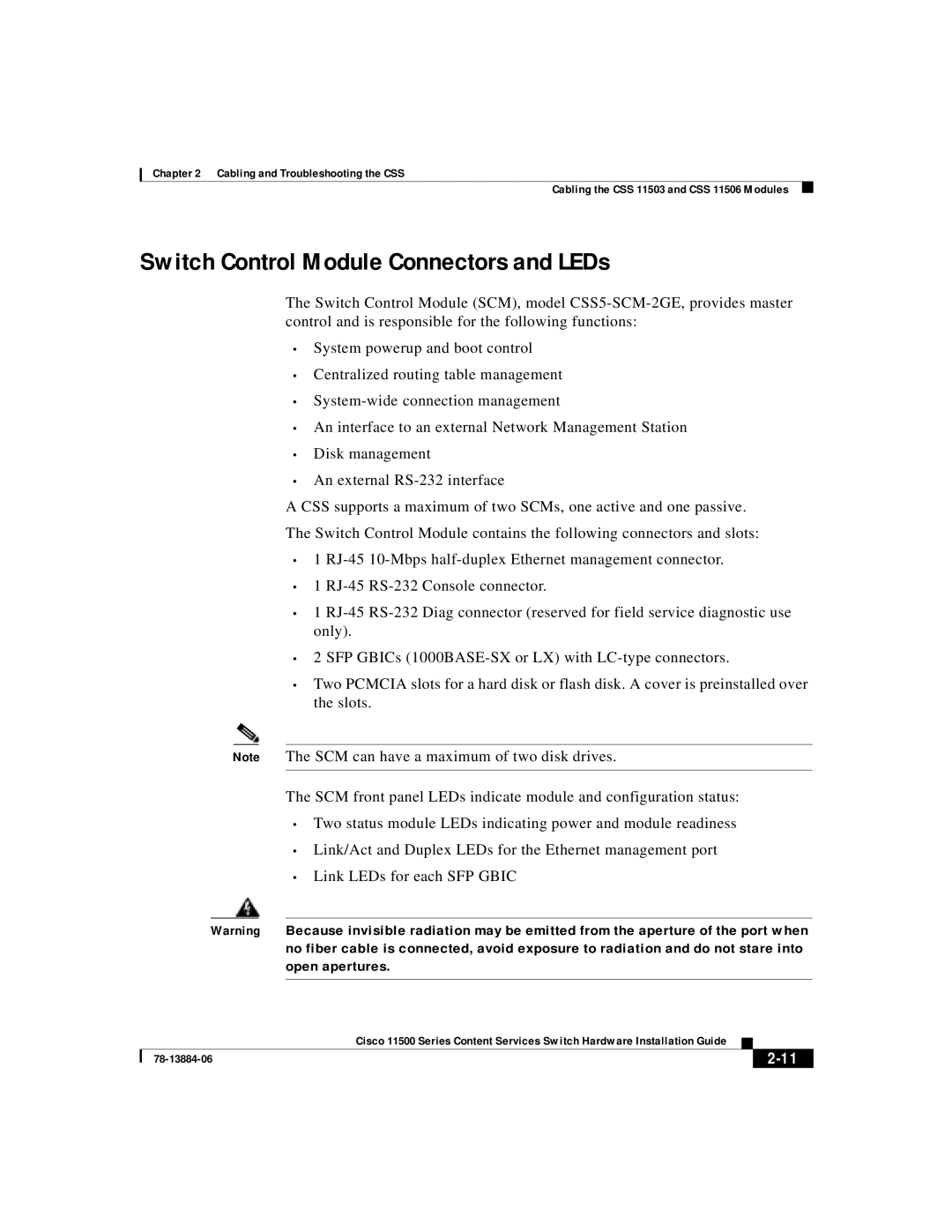 Cisco Systems 11500 Series manual Switch Control Module Connectors and LEDs 