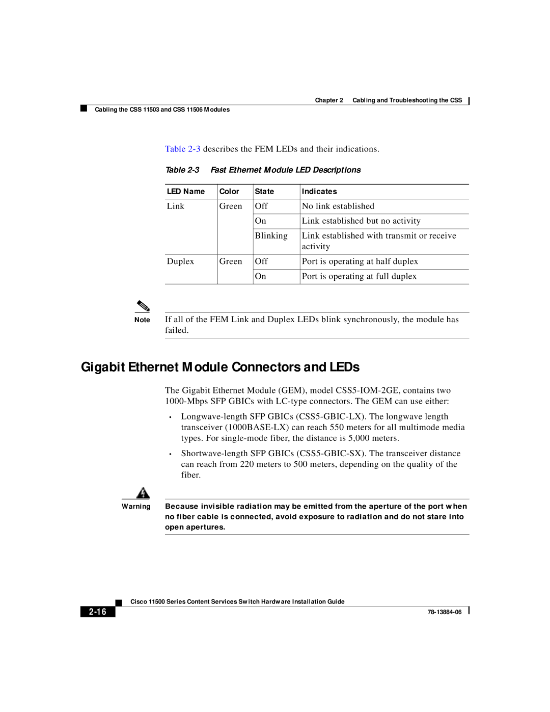 Cisco Systems 11500 Series Gigabit Ethernet Module Connectors and LEDs, 3describes the FEM LEDs and their indications 