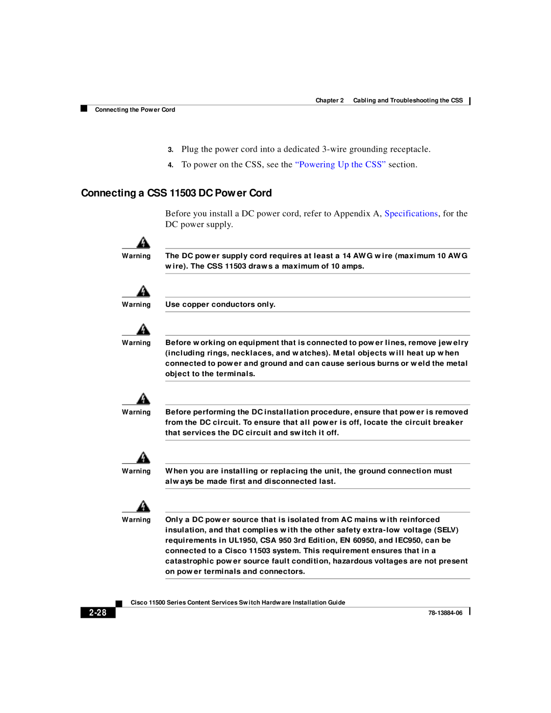 Cisco Systems 11500 Series manual Connecting a CSS 11503 DC Power Cord 