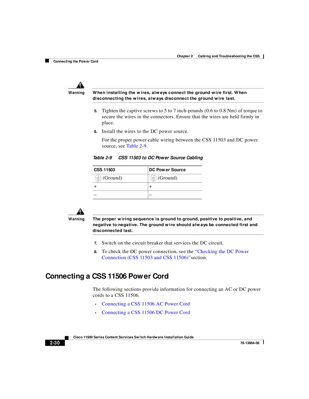 Cisco Systems 11500 Series manual Connecting a CSS 11506 Power Cord, CSS DC Power Source 