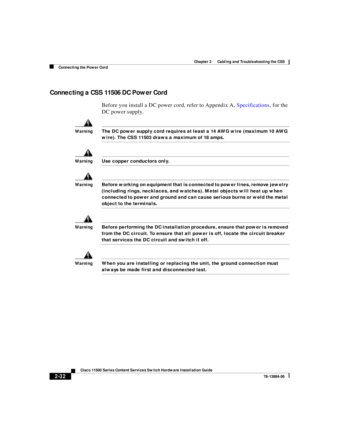 Cisco Systems 11500 Series manual Connecting a CSS 11506 DC Power Cord 