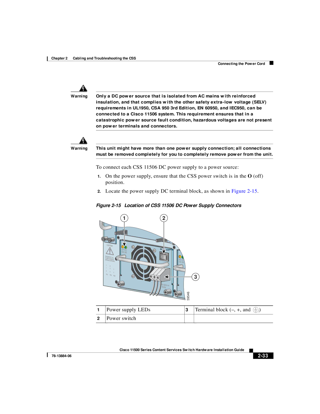 Cisco Systems 11500 Series manual Power supply LEDs Power switch Terminal block -, + 