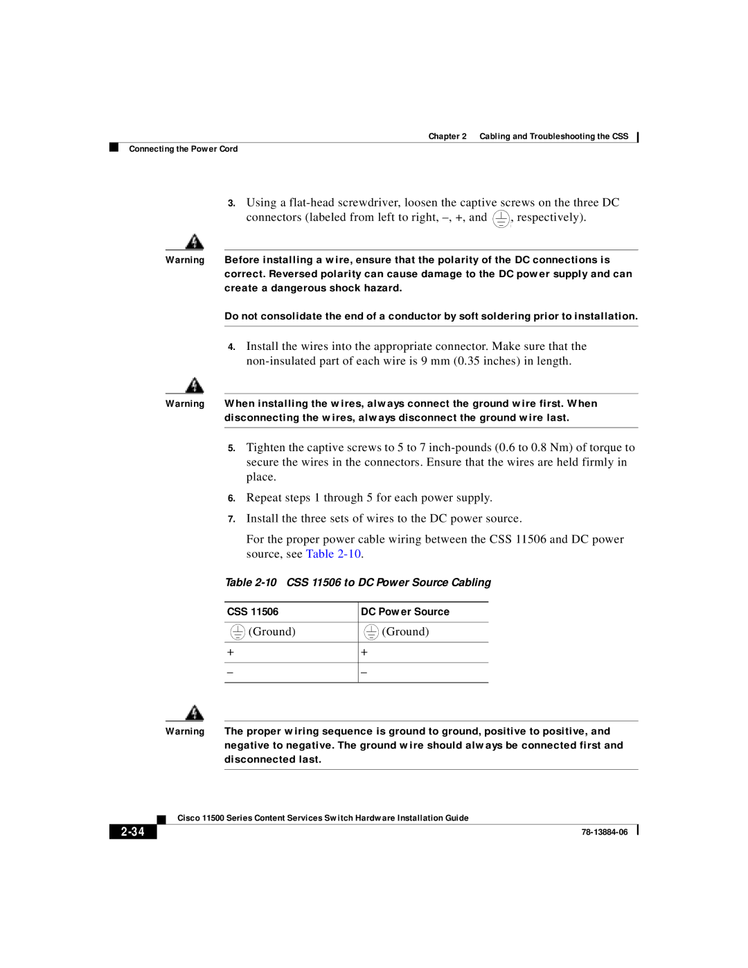 Cisco Systems 11500 Series manual CSS DC Power Source, Ground 