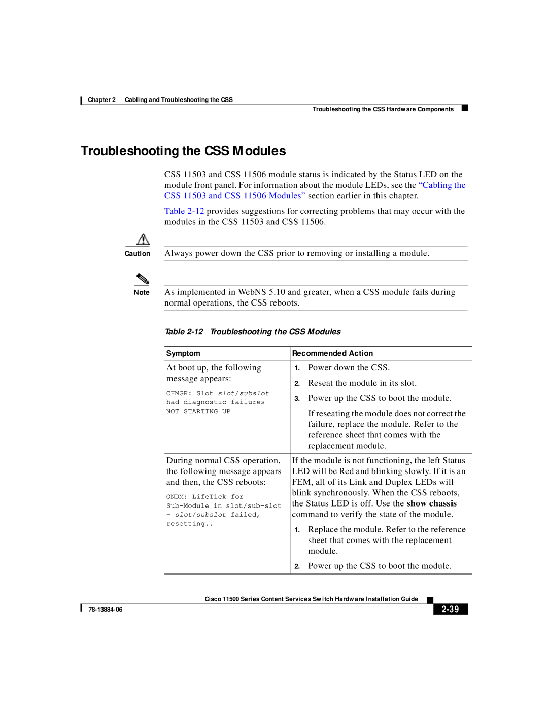 Cisco Systems 11500 Series manual Troubleshooting the CSS Modules 