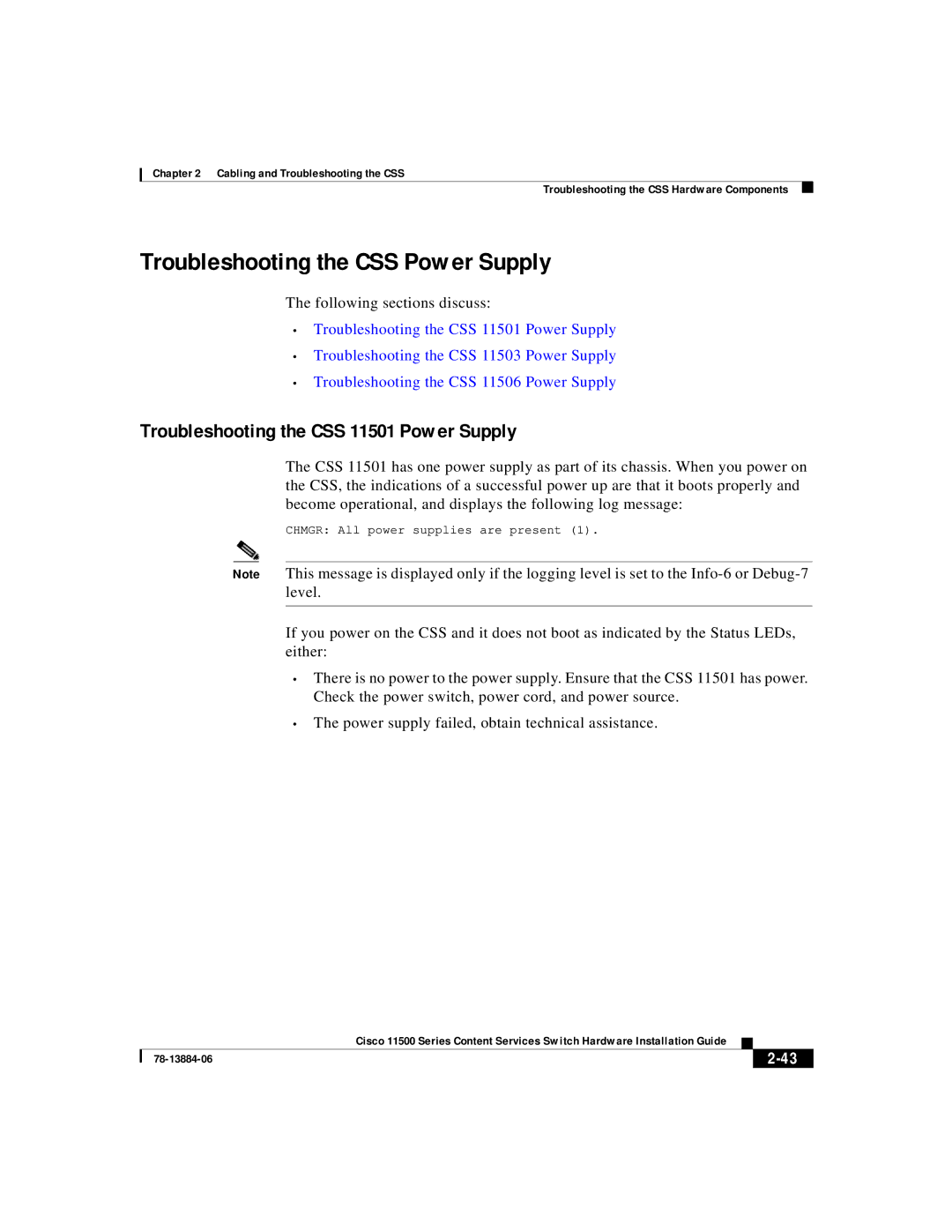 Cisco Systems 11500 Series manual Troubleshooting the CSS Power Supply, Troubleshooting the CSS 11501 Power Supply 