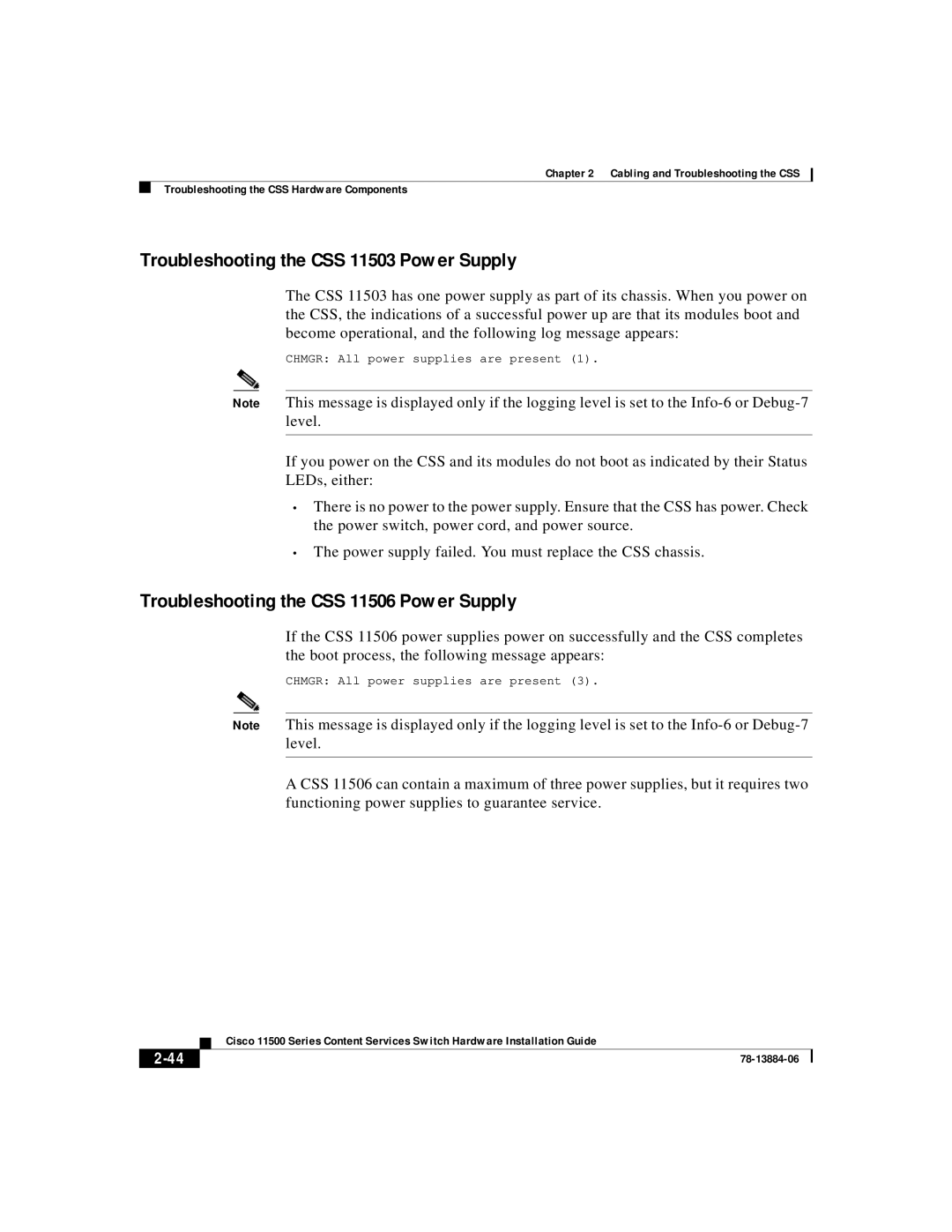 Cisco Systems 11500 Series manual Troubleshooting the CSS 11503 Power Supply, Troubleshooting the CSS 11506 Power Supply 