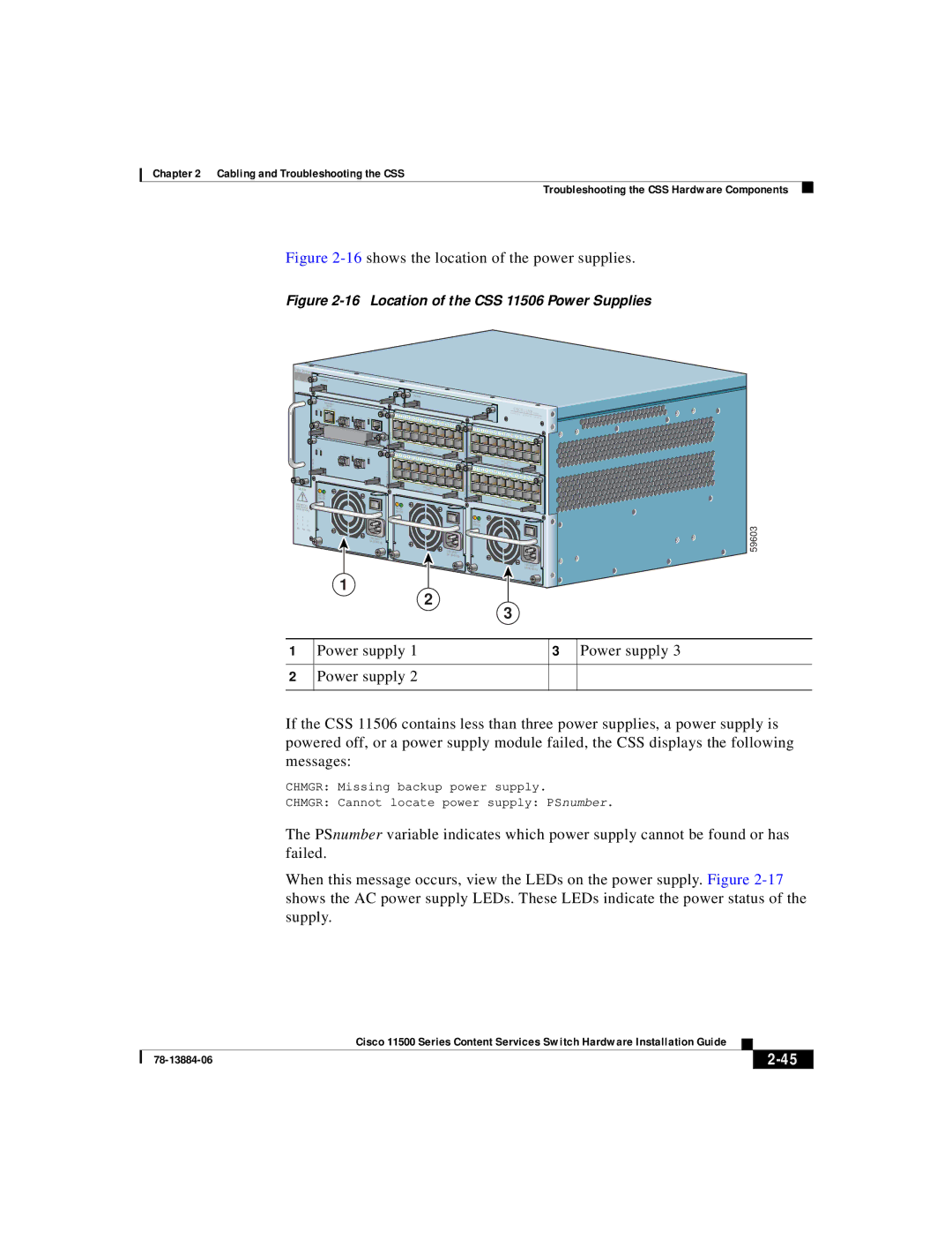 Cisco Systems 11500 Series manual 16shows the location of the power supplies, Power supply 