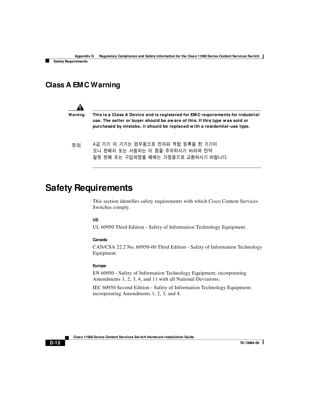 Cisco Systems 11501, 11506, 11503, 11500 appendix Safety Requirements, Class a EMC Warning 