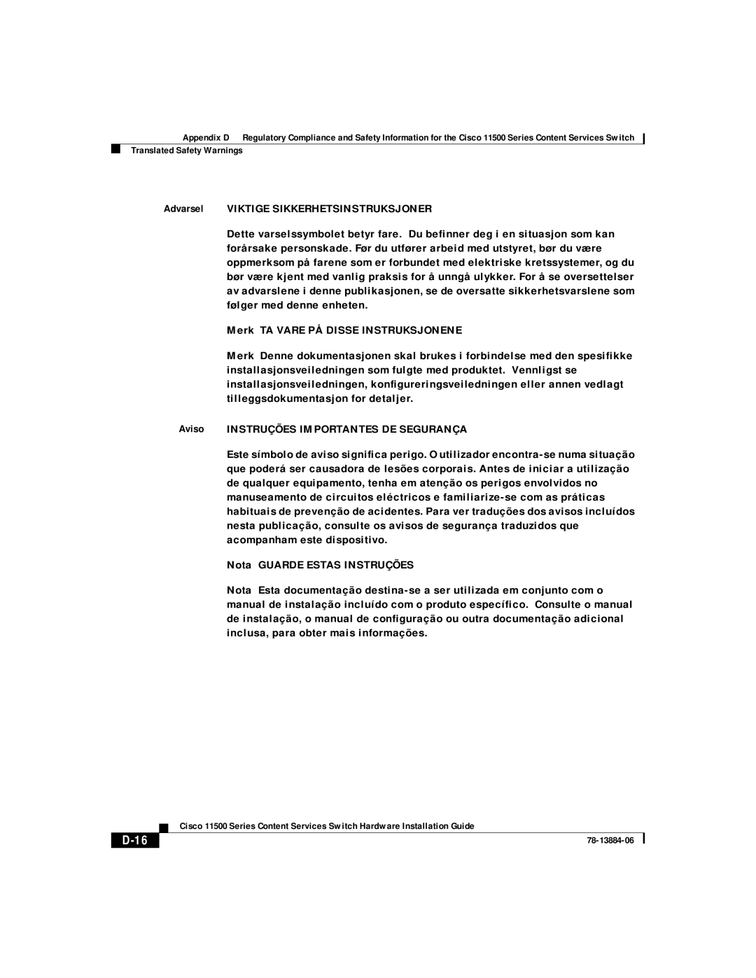 Cisco Systems 11506, 11503, 11501, 11500 appendix Translated Safety Warnings 