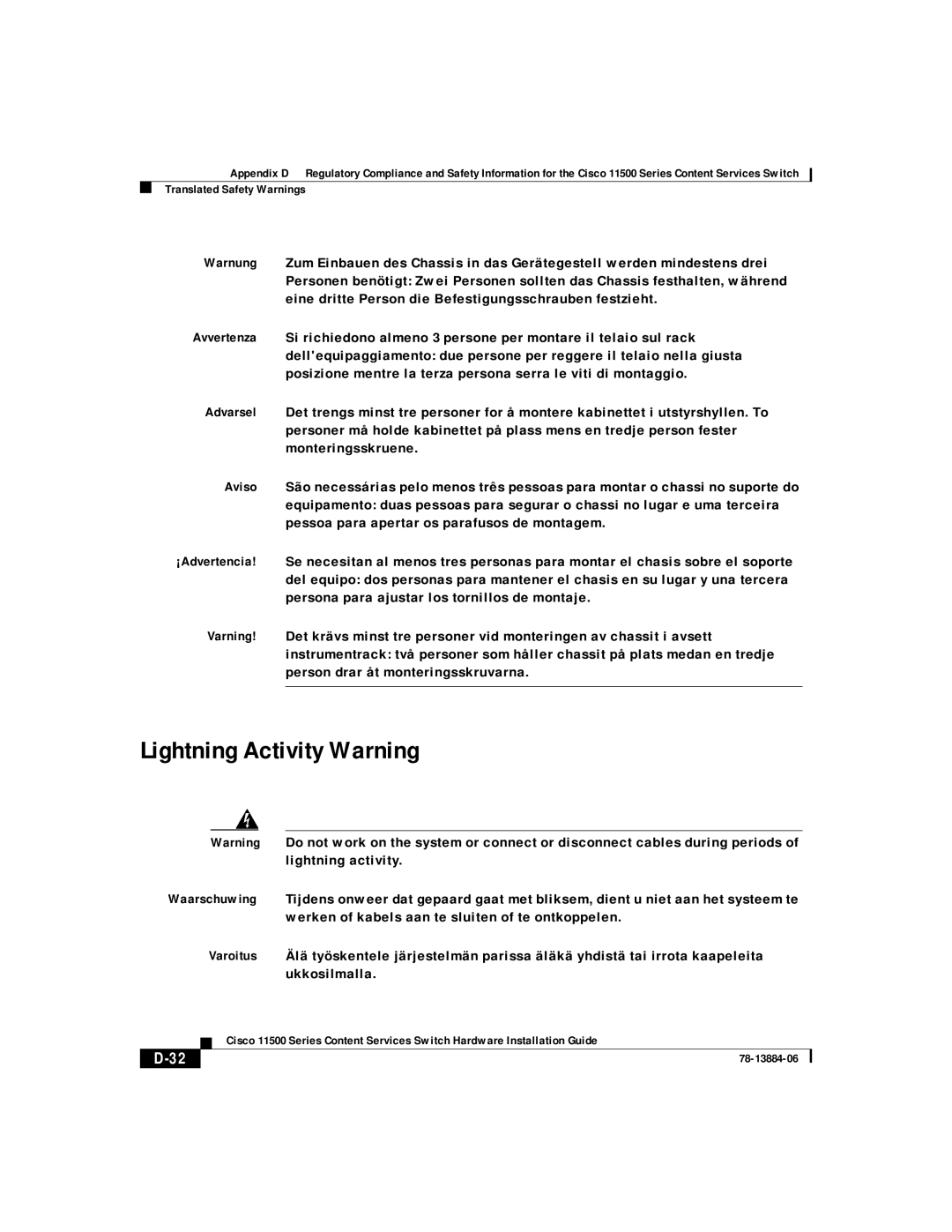 Cisco Systems 11506, 11503, 11501, 11500 appendix Lightning Activity Warning 