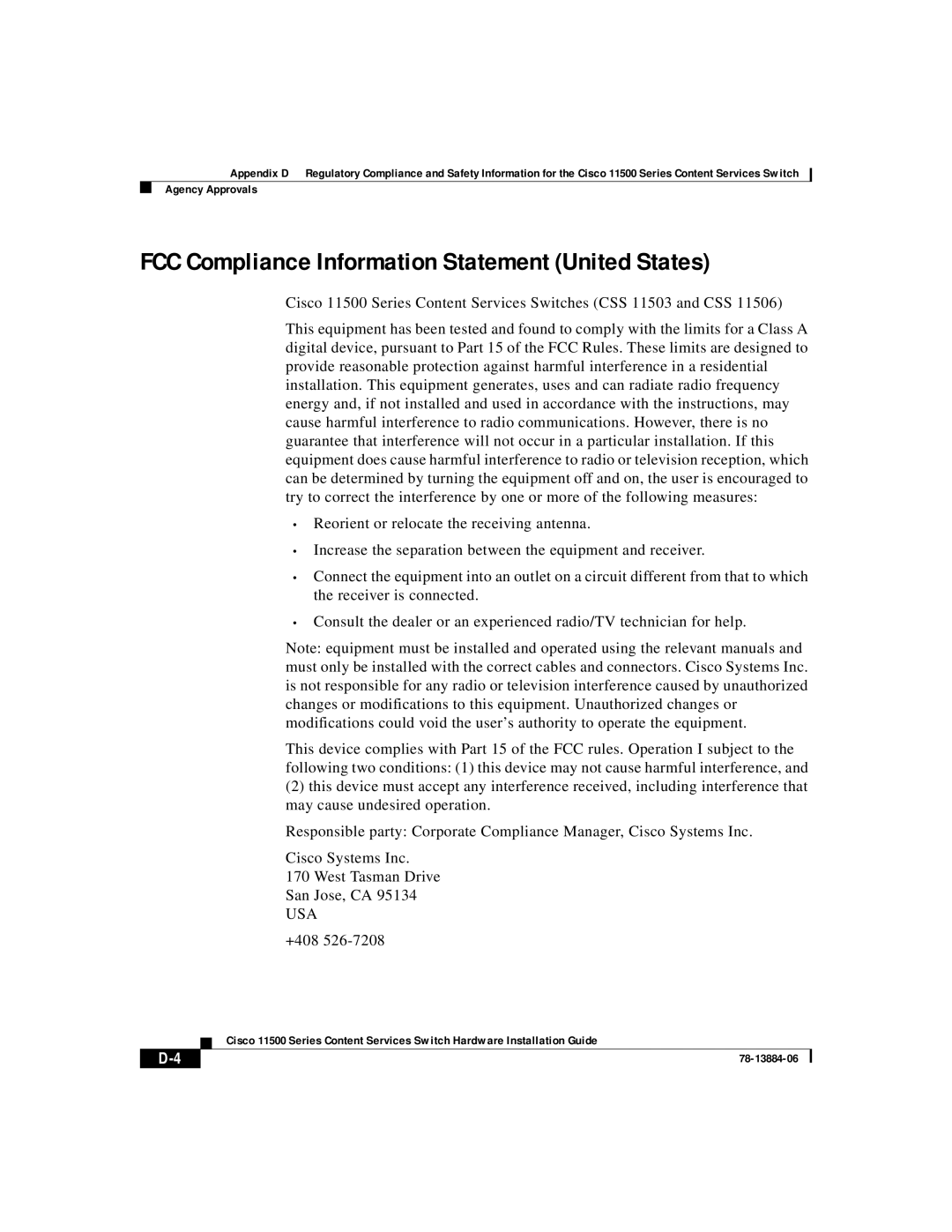 Cisco Systems 11506, 11503, 11501, 11500 appendix FCC Compliance Information Statement United States, Usa 